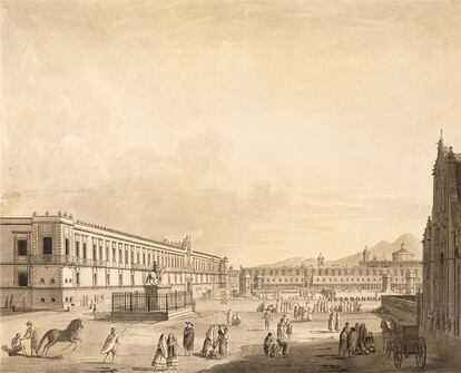 Escena costumbrista dibujada por Fernando Brambila de la plaza Mayor mexicana (Museo Naval / Museo de América)