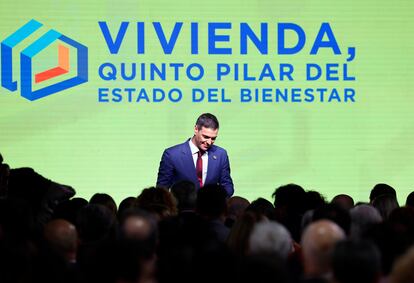 Pedro Sánchez, presidente del Gobierno, este lunes en un acto de presentación de medidas del Gobierno en materia de vivienda.