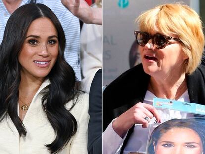 A la izquierda Meghan, duquesa de Sussex en un partido de voleibol en Holanda el pasado mes de abril. A la derecha, su medio hermana Samantha Markle, sosteniendo una careta de Meghan.