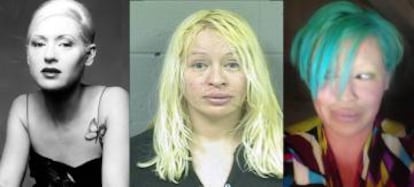 D’arcy Wretzky en tres épocas distintas: cuando todavía estaba en el grupo, en 1998; la imagen cuando estuvo en la cárcel que dio la web TMZ en 2008 y otra imagen de 2014.