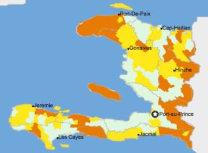 En amarillo, las zonas con inseguridad alimentaria acentuada. En naranja, las zonas en crisis por lo menos hasta mayo.