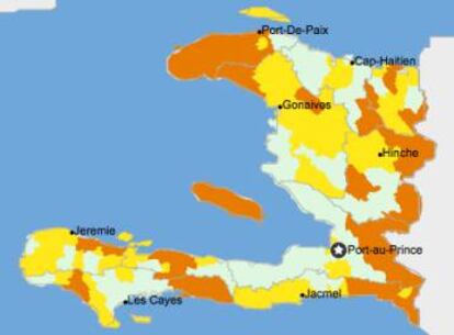 En amarillo, las zonas con inseguridad alimentaria acentuada. En naranja, las zonas en crisis por lo menos hasta mayo.