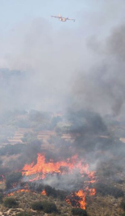 Un hidroavión lanza agua sobre el incendio de Campo Real.