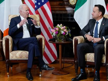 President Joe Biden meets with Ireland's Taoiseach Leo Varadkar at Farmleigh House, on April 13, 2023, in Dublin, Ireland.