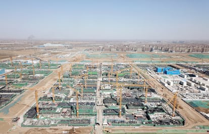 An aerial view of the construction work of a residential project in Xiongan New Area, taken on March 15, 2023.