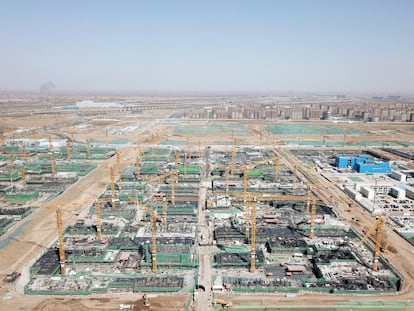 An aerial view of the construction work of a residential project in Xiongan New Area, taken on March 15, 2023.