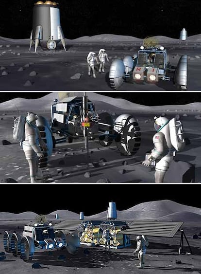 Diseños para vivir en la Luna. De arriba abajo, una vivienda inflable y un vehículo todoterreno, un vehículo con herramientas para taladrar el terreno y algunos elementos de una base lunar.