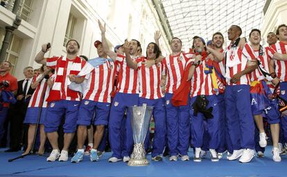 Los jugadores del Atlético de Madrid, durante la recepción del Ayuntamiento de Madrid.