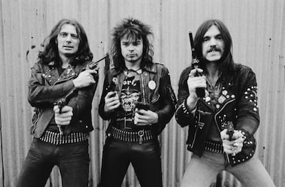 Motörhead's classic lineup posing in London in 1978. Left to right: guitarist ‘Fast’ Eddie Clarke, drummer Phil ‘Animal’ Taylor and bassist and singer Lemmy Kilmister. 