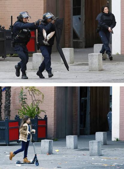 En la parte superior, policías de Saint-Denis el día de los ataques, el 13 de noviembre de 2015. En la parte inferior, una niña juega con un monopatín en la misma calle, el 6 de noviembre de 2016.