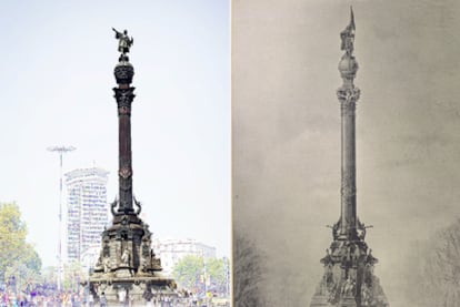El monumento de Colón en la actualidad (izquierda) y tal como lo ideó Gaietà Buïgas en 1882.
