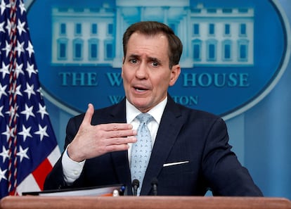 John Kirby, National Security Council coordinator for strategic communications, answers questions during the daily press briefing at the White House in Washington, February 13, 2023.