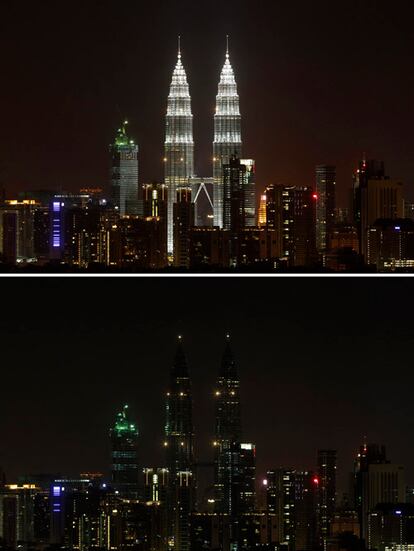 Las Torres Petronas de Kuala Lumpur, antes y después del apagón.