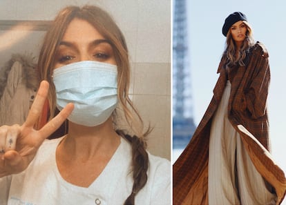 Ángela Rozas, en Instagram Madame de Rosa, con mascarilla, se fotografía durante su primer día de trabajo como enfermera en La Paz. A la derecha, durante una sesión de fotos en París.