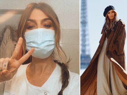 Ángela Rozas, en Instagram Madame de Rosa, con mascarilla, se fotografía durante su primer día de trabajo como enfermera en La Paz.  A la derecha, durante una sesión de fotos en París.