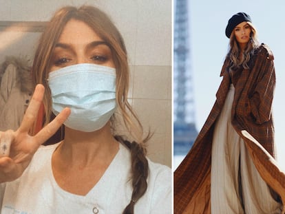 Ángela Rozas, en Instagram Madame de Rosa, con mascarilla, se fotografía durante su primer día de trabajo como enfermera en La Paz.  A la derecha, durante una sesión de fotos en París.