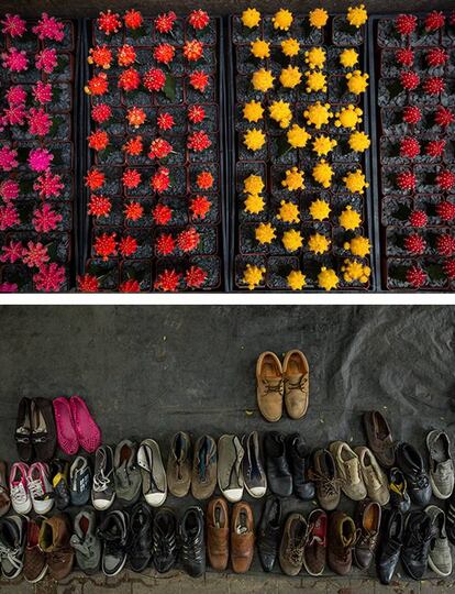 Puesto de venta de flores en una calle de Manhattan, Nueva York. / Puesto de zapatos de segunda mano en el distrito de Catia de Caracas, Venezuela.