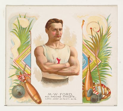 The Allen & Ginter tobacco brand sponsored sports competitions in the 19th century. In the picture, athlete M.W. Ford displays the "benefits" of smoking. 