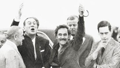 Juan Domingo Perón, José Ignacio Rucci y Juan Manuel Abal Medina en una fotografía de archivo, compartida por el hijo de Abal, el político homónimo, en sus redes sociales el 17 de noviembre de 2022.