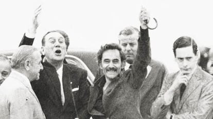 Juan Domingo Perón, José Ignacio Rucci y Juan Manuel Abal Medina, a la derecha, en una fotografía de archivo.