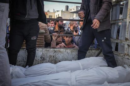Un niño observa los cuerpos de palestinos asesinados por el Ejército israelí, el 15 de enero en Deir al-Balah, en la Franja de Gaza.