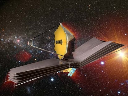 Ilustración del futuro telescopio espacial <i>James Webb,</i> un proyecto de la NASA, la Agencia Europea del Espacio y la Agencia Espacial Canadiense.