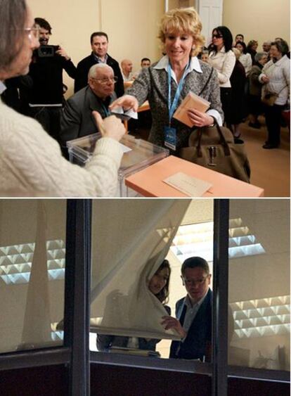 Arriba, Esperanza Aguirre, en el momento de votar. Abajo, Alberto Ruiz- Gallardón, asomado a la ventana en la sede del PP.
/ luis sevillano