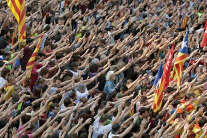 Manifestación que bajo el lema 'Parada de País, para parar la violencia' se ha producido en Igualada, en protesta por las cargas policiales del 1-O.