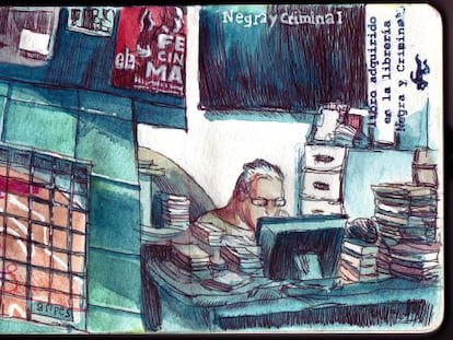 Paco Camarasa y la librer&iacute;a Negra y Criminal, inmortalizados por Sagar.