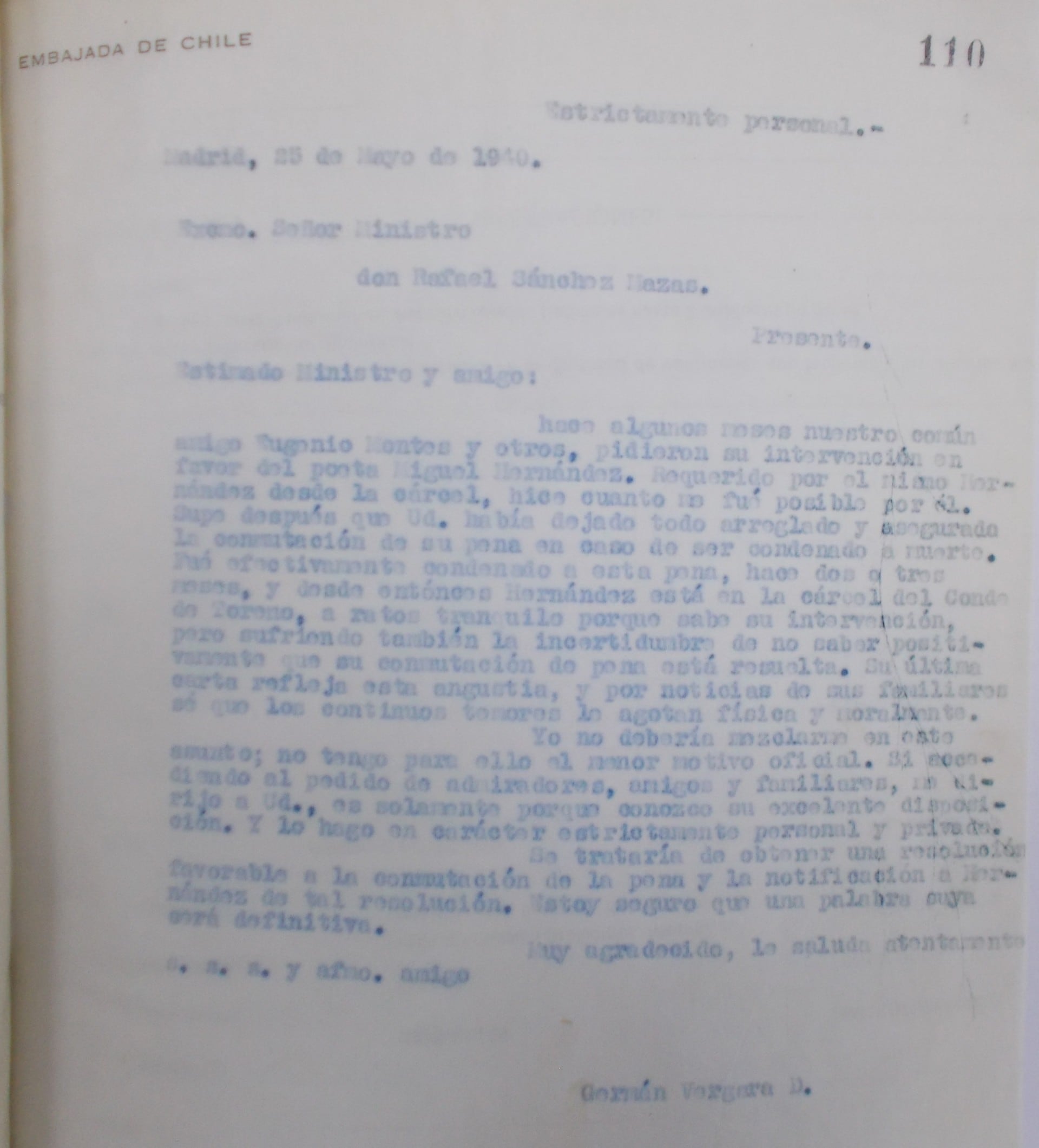 Carta de Germán Vergara Donoso a Rafael Sánchez Mazas del 25 de mayo de 1940 / Archivo Nacional de Chile. Fotografía de Mario Amorós.