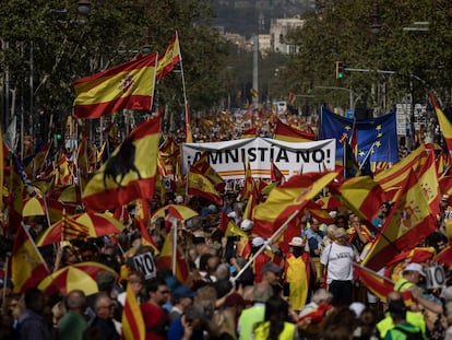 Un momento de la manifestación, este domingo en el Passeig de Gràcia de Barcelona.