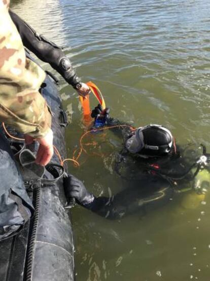 Un submarinista se sumerge en las aguas del puerto del Rey Jorge V tras el hallazgo de la Segunda Guerra Mundial.