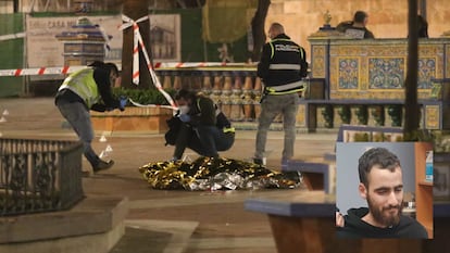 Policías inspeccionan la zona del ataque, con el cadáver del sacristán fallecido, el 25 de enero; y en el recuadro, la fotografía de Yassine Kanjaa.