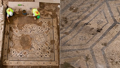  A la izquierda, imagen de 2011 de operarios trabajando en un mosaico que se dejó al descubierto sin restaurar en el hospitium de los Delfines. A la derecha, pérdidas y abombamientos del mismo mosaico en una imagen tomada la semana pasada.