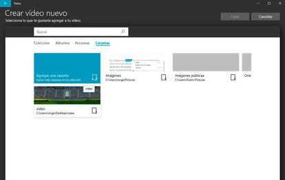 Lo primero que debemos hacer es abrir la aplicación de Fotos en Windows 10, para ello podemos buscarla en la barra de Cortana. Una vez dentro, debemos pulsar sobre crear vídeo nuevo y añadir una nueva carpeta, en la que habremos guardado previamente los dos vídeos que queremos unir.
