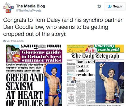 "Enhorabuena a Tom Daley (y a su compañero Dan Goodfellow, quien parece haber sido sacado fuera de la historia)". Tuiteó The Media Blog junto a una foto de dos periódicos que habían ignorado el triunfo del saltador olímpico.