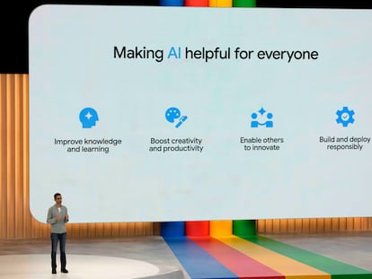 El presidente ejecutivo de Alphabet, Sundar Pichai, habla en la conferencia Google I/O en Mountain View (California, EE UU) en mayo de 2023.