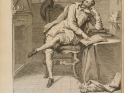 Ilustración para una edición londinense de 1738, incluida en la exposición ‘Leer y leer. Lecturas de Cervantes y Lectores del ‘Quijote’ en la Fundación Lázaro Galdiano de Madrid.