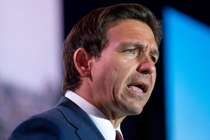 Republican presidential candidate Florida Gov. Ron DeSantis speaks to the Christians United For Israel (CUFI) Summit 2023, Monday, July 17, 2023, in Arlington, Va.