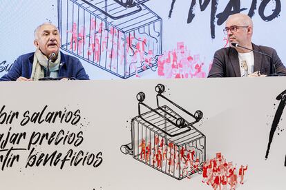Los secretarios generales de UGT y CCOO, Pepe Álvarez y Unai Sordo, en la presentación de los actos para la celebración del Primero de Mayo.