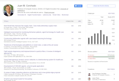 Perfil de Juan Manuel Corchado en Google Académico, inaccesible desde el 12 de marzo.