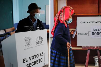 Un par de votantes en Ecuador y en Perú, este domingo durante las elecciones.