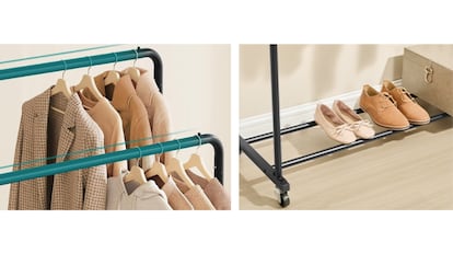 Este burro para ropa se caracteriza por su gran capacidad y sistema de doble barra.