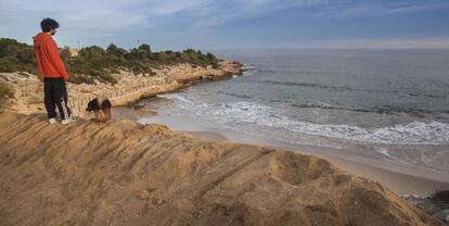 Un joven pasea con su perro por la playa de l'Atmetlla de Mar.