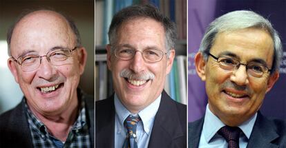 De izquierda a derecha, Dale Mortensen, Peter Diamond y Christopher Pissarides, nuevos Nobel de Economía.