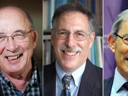 De izquierda a derecha, Dale Mortensen, Peter Diamond y Christopher Pissarides, nuevos Nobel de Economía.