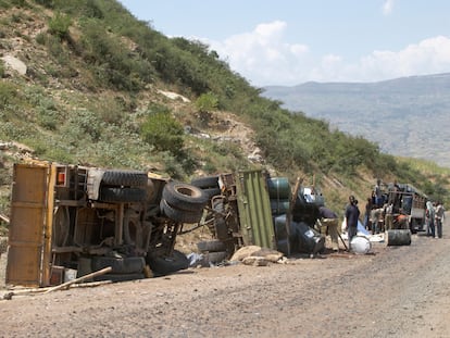 Turned over truckes following a crash, Ethiopia, Africa