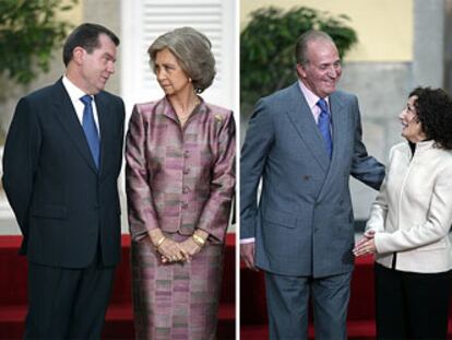El periodista Jesús Ortiz, padre de la futura princesa de Asturias, habla con la Reina en el palacio de El Pardo. A la derecha, el Rey y la madre de la novia, Paloma Rocasolano.