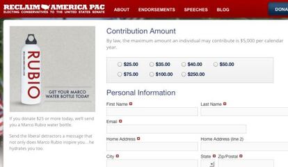 Captura de pantalla de la web que recauda dinero para el senador Rubio a cambio de botellas de agua con su nombre.