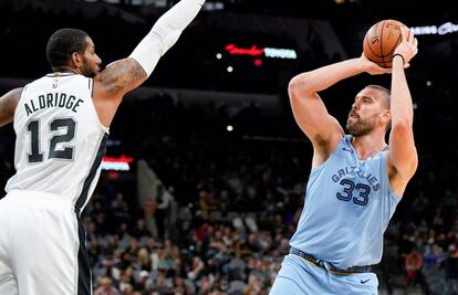 Marc Gasol lanza ante Aldridge.